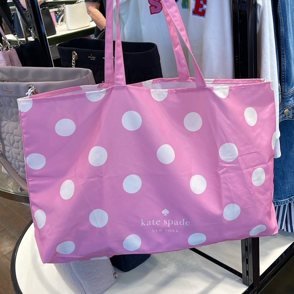 Kate Spade Soft Pink-White Polka Dots Canvas Tote XL Reusable Shopping Beach Bag - Picture 14 of 16